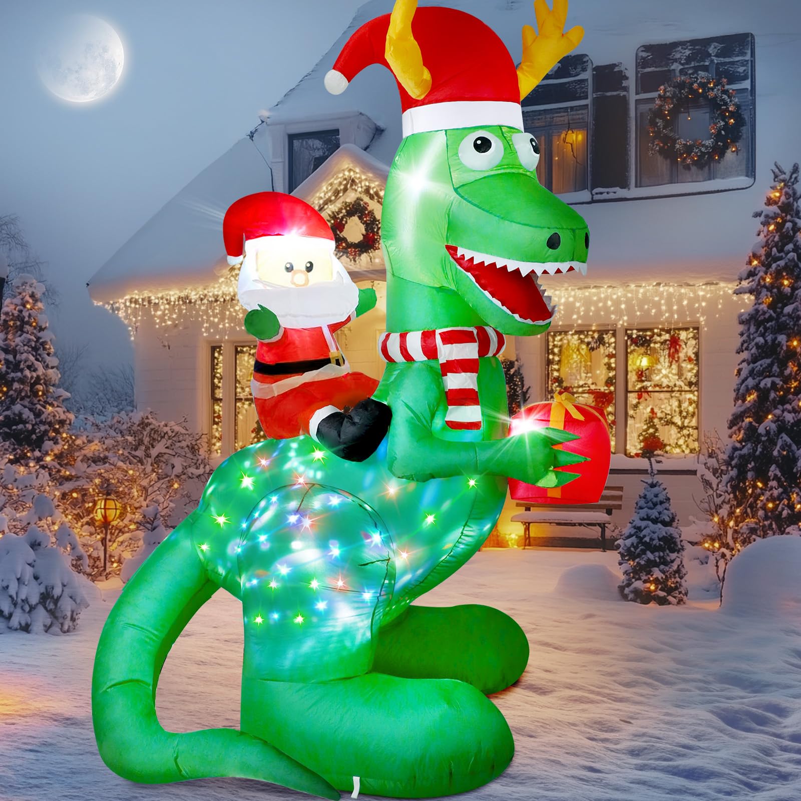 Photo 1 of 8ft Christmas Inflatables Dinosaur Outdoor Decorations with Bright LED and Disco Light, Santa Claus Riding Dinosaur Holding Gift Box, Outside Blow Up Decor for Xmas Holiday Party Yard Garden