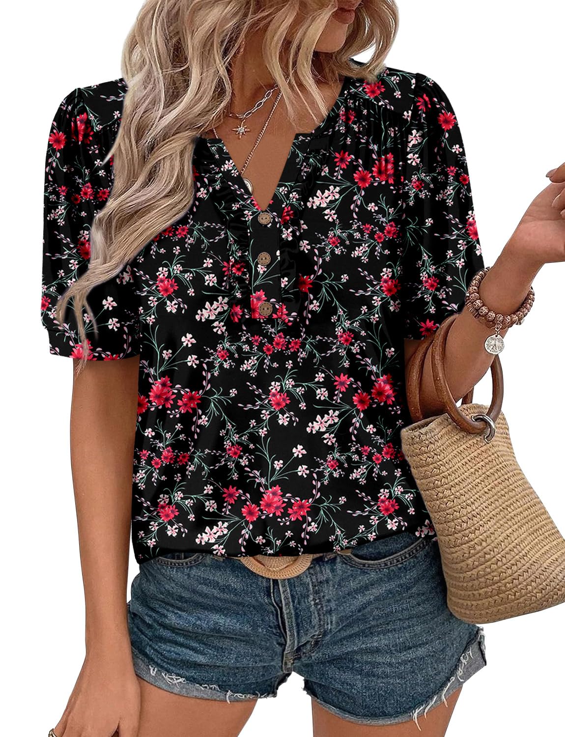 KISSMODA Women's Tunic Tops Casual V Neck Short