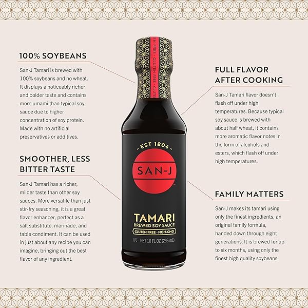 SAN-J – GLUTEN FREE TAMARI SOY SAUCE – SPECIALLY BREWED – MADE WITH 100% SOY – 64 OZ. CONTAINER