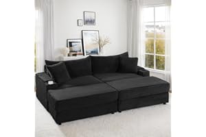 Tassullo Oversized Double Chaise Lounges Indoor, Corduroy Upholstered Sofa Beds with Storage and Ottomans, Plush Cozy Living Room Chair with Pocket Spring Cushion (Black)