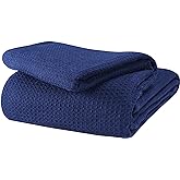Glamburg 100% Cotton Thermal Bed Blanket, Twin Size, Soft Waffle, All Season, Navy Blue