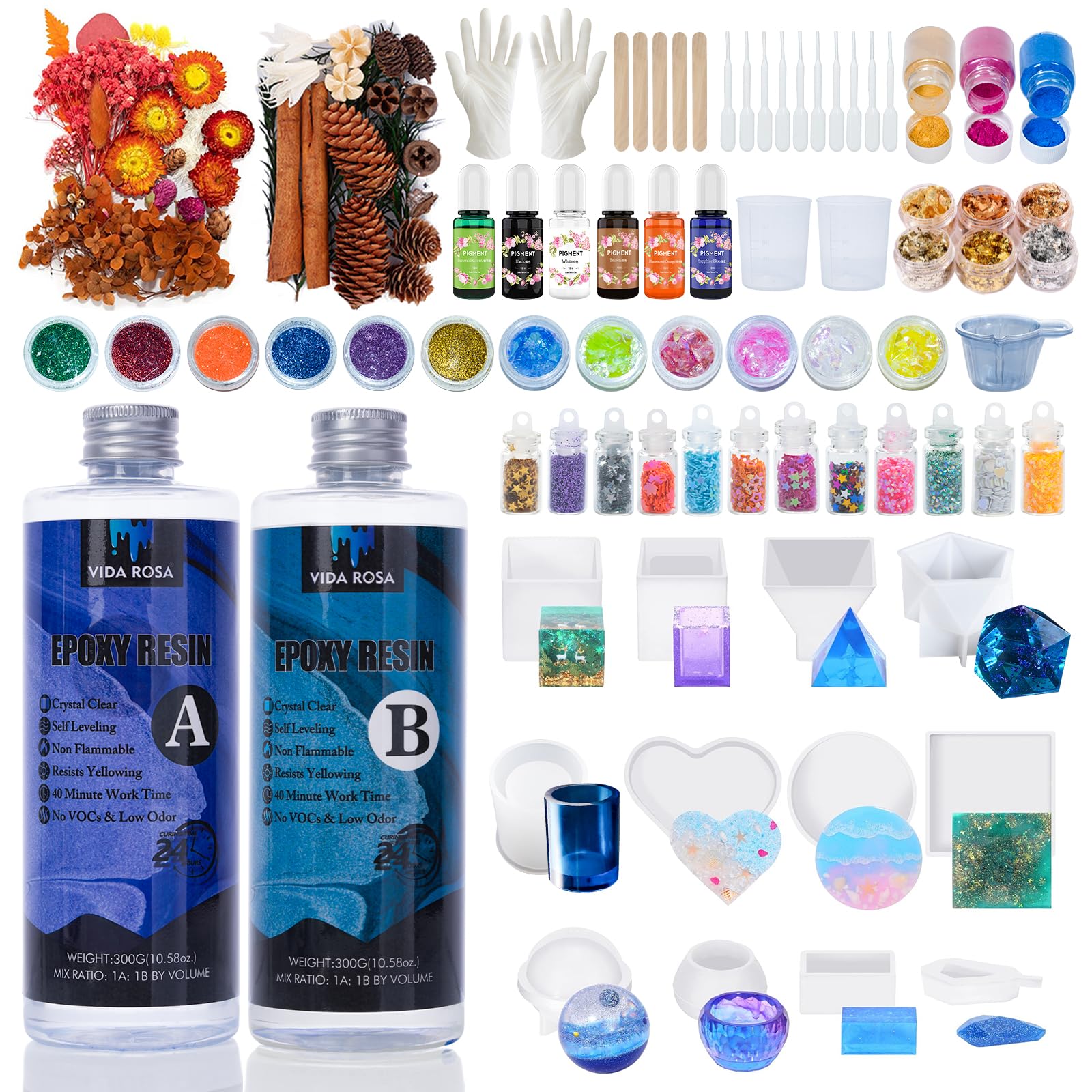 VidaRosa Epoxy Resin Kit for Beginners - 600ml/21.16oz Crystal Clear Resin Starter Kits with 12 molds,2 Dried Flower, Coating and Casting Art Resin for DIY Craft Gifts，Jewelry Making