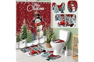 Teenyyou 4 Pcs Christmas Shower Curtains Set with Non Slip Rug Winter Christmas Bathroom Decor Toilet Lid Cover and Bath Mat Snowman Shower Curtain with 12 Hooks for Xmas Bathroom Decor(Red,Classic)