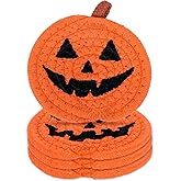 Whaline 4Pcs Halloween Pumpkin Handmade Braided Cotton Coasters Orange Black Pumpkin Shape Drink Coasters Absorbent Cup Coasters for Home Office Party Decor, 4.7 Inch