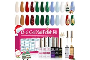 Arousar 18pcs Chirstmas Nail Gel Polish Set, 10 Colors Gel Polish Set with 6pcs Base Coat and Glossy & Matte Gel Top Coat and 2 Colors Nail Art Gel, Glitter Nail Polish Starter Kit, Winter DIY Gift