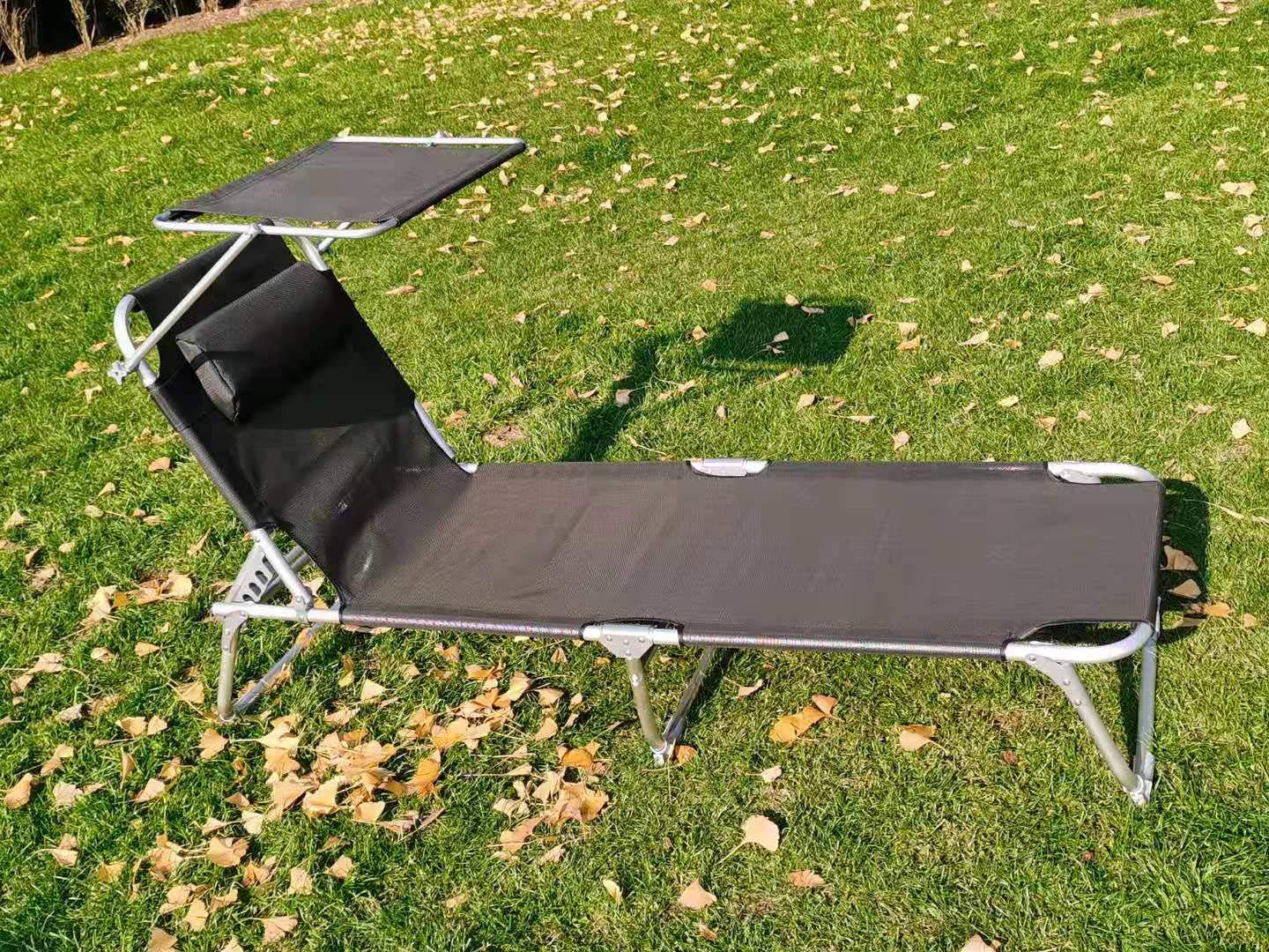 Premium Textilene Reclining Folding Sun Lounger with Sun Shade Black, Aluminium Frame, Awning, Portable, Beach, Garden Outdoor Patio Laying Area 190cm Length x 60cm Width 4.6kg (1)