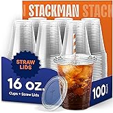 16 oz Clear Plastic Cups with Straw-Slot Lids [100 Sets] PET Crystal Clear Disposable Cups with Lids - Durable Cup. BPA Free + Crack Resistant, for Coffee, Juice, Shakes