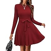 HOTOUCH Women's Fall Winter Casual Dress Crewneck Long Sleeve A-Line Sweater Dress Bodycon Ribbed Knit Dress with Belt