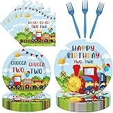 Papiailove 96 Pcs Chugga Chugga Two Two Party Supplies, 2nd Birthday Party Decorations for Boys and Girls, Train Plates and Napkins Tableware Set, Transportation Disposable Dinnerware Serve 24 Guests