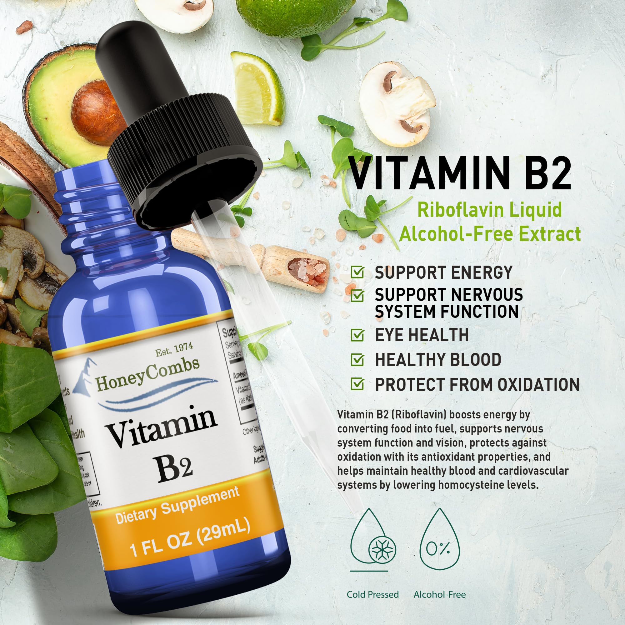 Vitamin B2 Riboflavin Liquid Drops - Made in The USA - Natural High Potency Fast Absorption Vitamin B2 for Men, Women & Children - Vegan Formula - Bulk Sizes Also Available