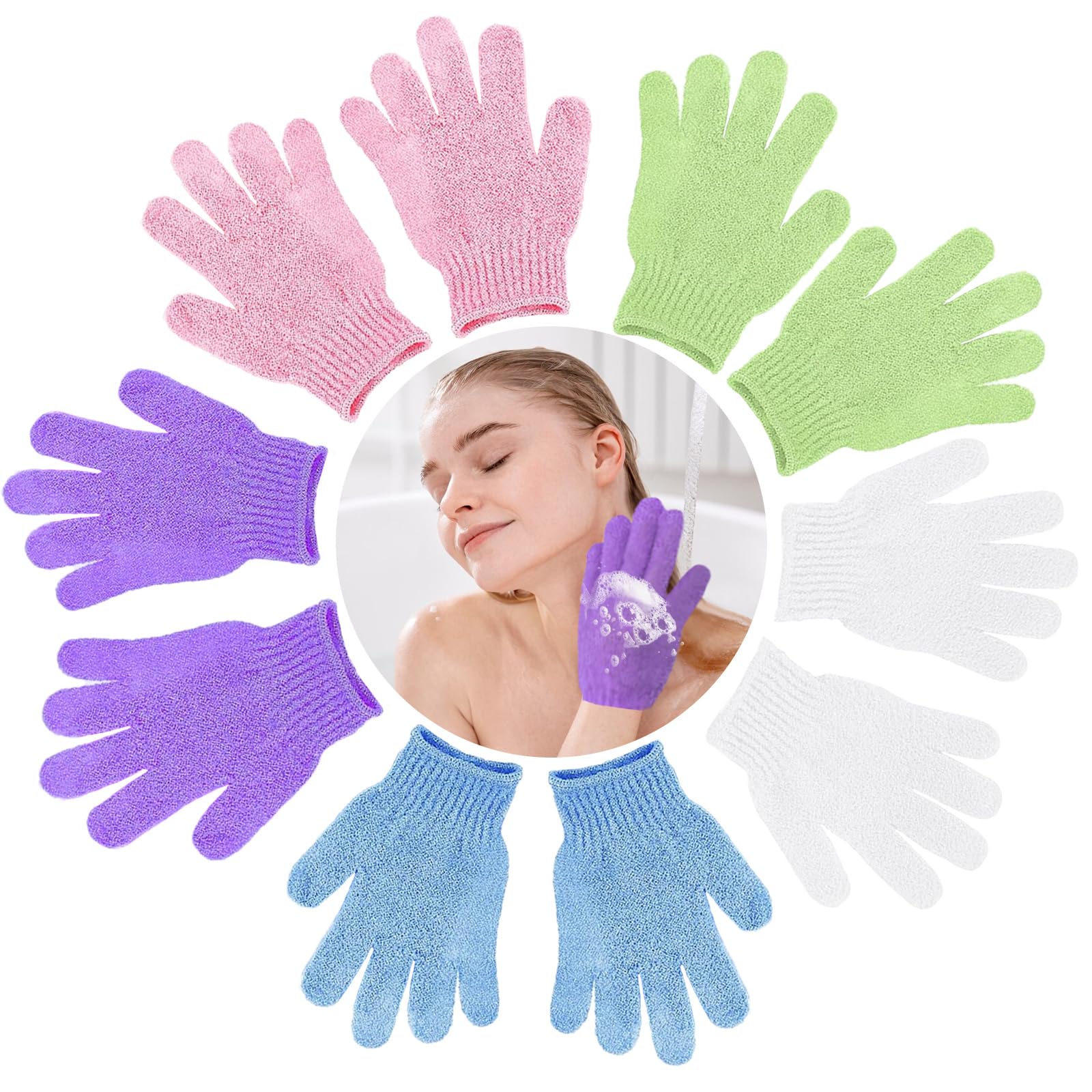 KEYRI 10 PCS Exfoliating Gloves, Body Exfoliator Mitt Exfoliating Shower Gloves Body Scrub Glove Dead Skin Remover Bath Gloves for Women and Men Shower Spa Massage (White+Pink+Purple+Green+Blue)