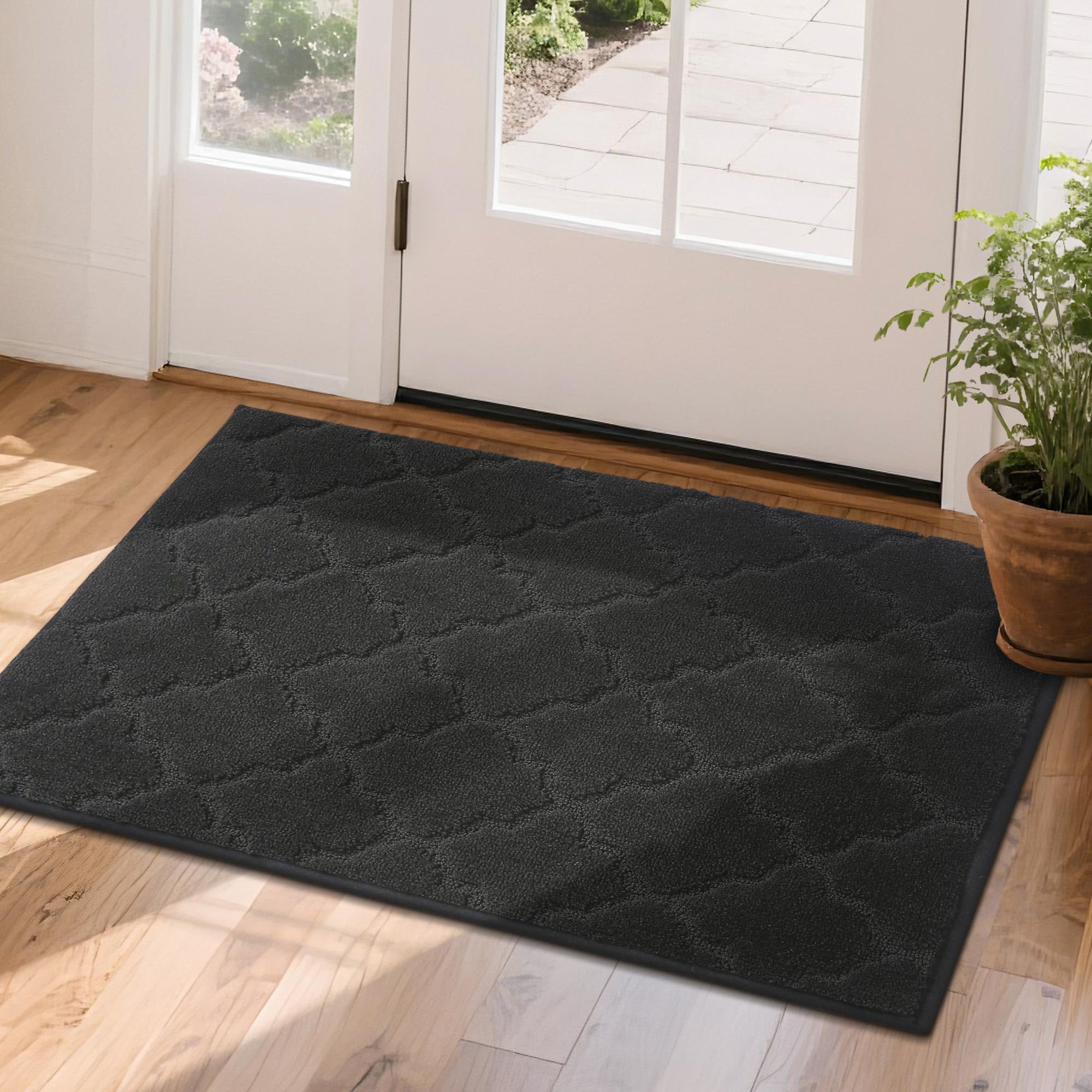COSY HOMEER Front Door Mat 60x90 CM, Dirt Trapper Floor Mat, Polyester Welcome Door Mat for Kitchen Room Office Entryway Doors, Absorbent Non-Slip Low Profile Indoor Doormat, Machine Washable, Black
