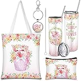 Abbylike 4 Pcs Pig Gifts for Women - Highland Cow Horse Pig Cow Animal Lover Gifts - Stainless Steel Tumbler with Straw Lid, Metal Keychain, Canvas Tote Bag, Cosmetic Bag for Christmas, Birthday