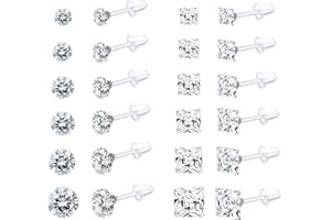 EIELO 12Pairs Clear Plastic CZ Studs Earrings for Women Men Acrylic Post Hypoallergenic Stud Earring Round Square CZ Rhinesto