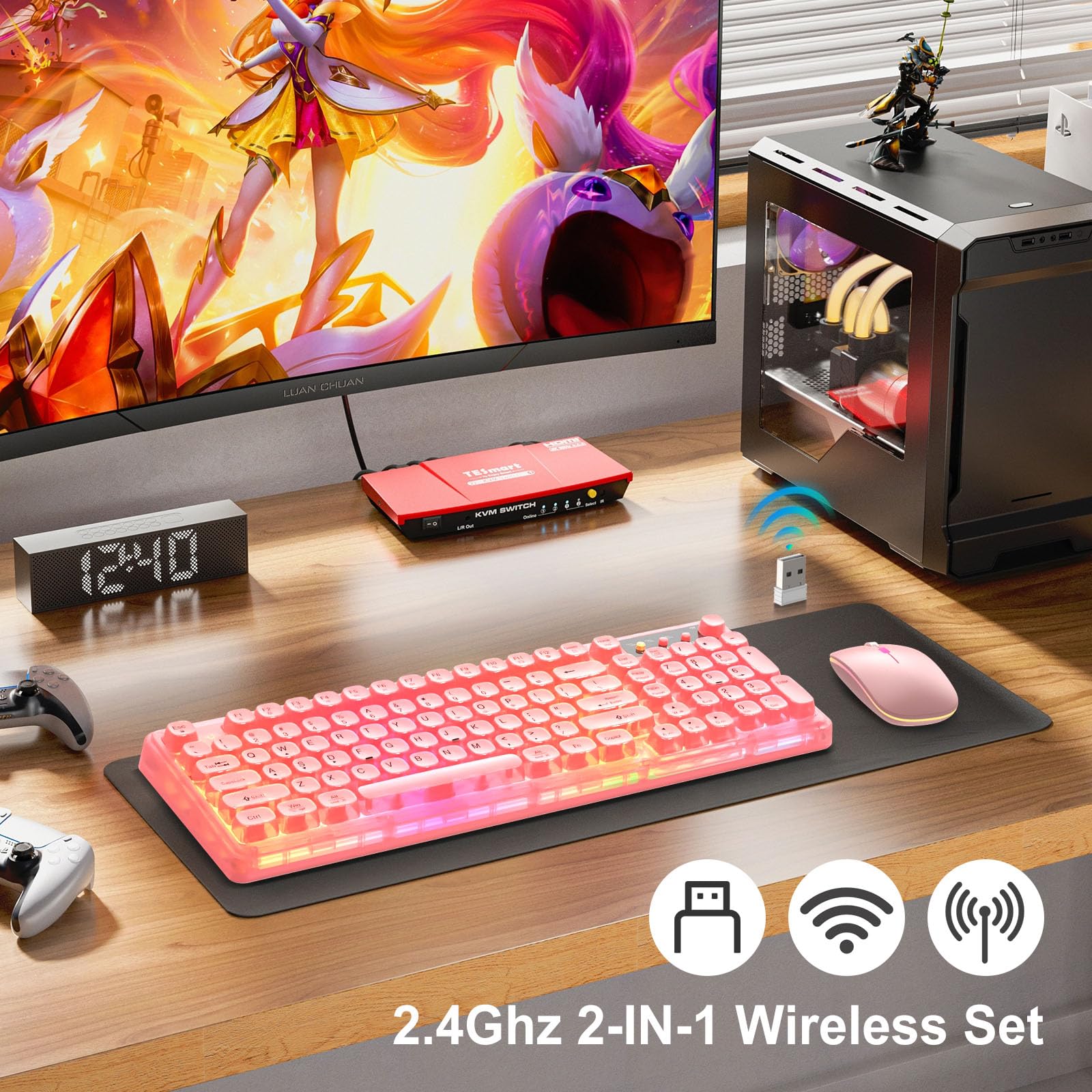 Pink Light Up Keyboard and Mouse Wireless,Cute 2.4Ghz Cordless Rechargeable Transparent Clear Backlit Keyboard,15 Backlight Effects,Volume Knob,RGB Mouse with 3 DPI for Mac Computer PC Laptop Desktop