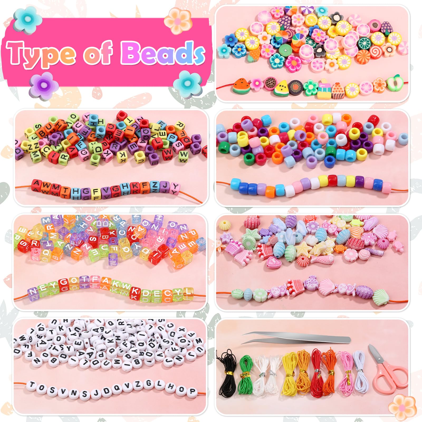 cridoz Bead Bracelet Making Kit, Bead Kits for Bracelets Making with Pony Beads, Polymer Fruit Clay Beads, Charm Beads, Letter Beads for Bracelets and Jewelry Making