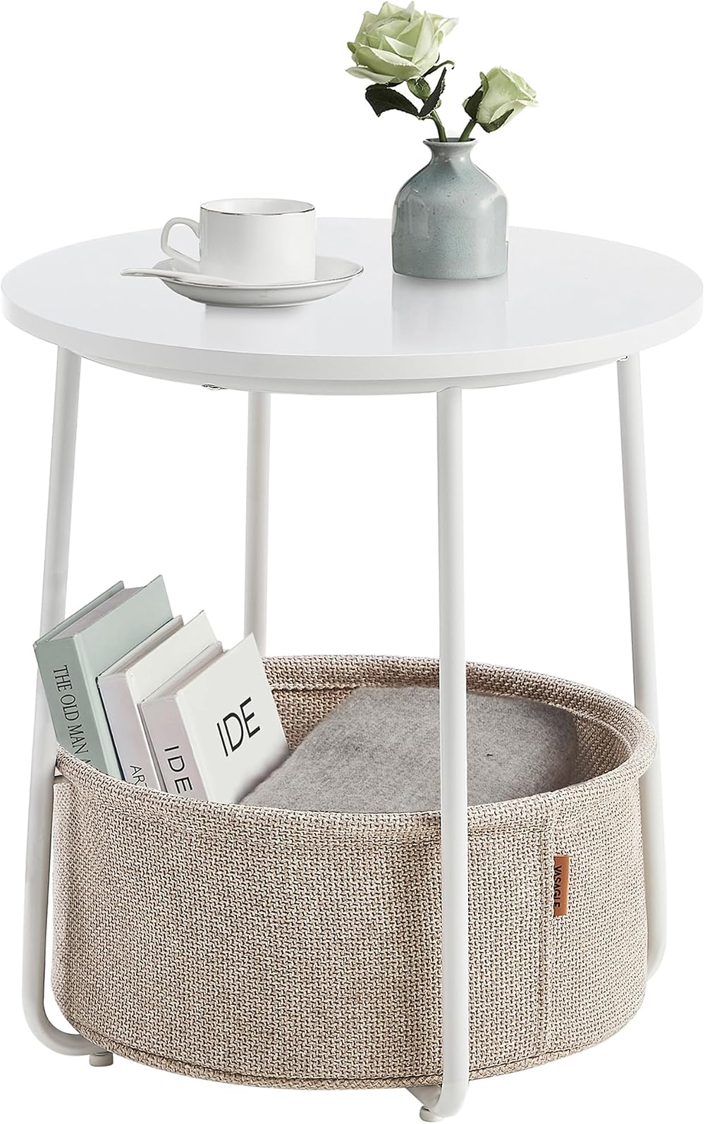 VASAGLE LET223W10 Small Round Coffee Table with Fabric Basket White