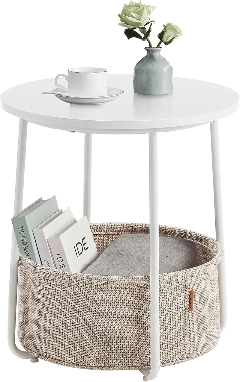 VASAGLE LET223W10 Small Round Coffee Table with Fabric Basket White