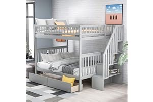 BOVZA Stairway Bunk Beds Full Over Full Size with Storage Drawers, Wood Bunk Bed Frame with Stairs for Kids Teens Adults, Gray