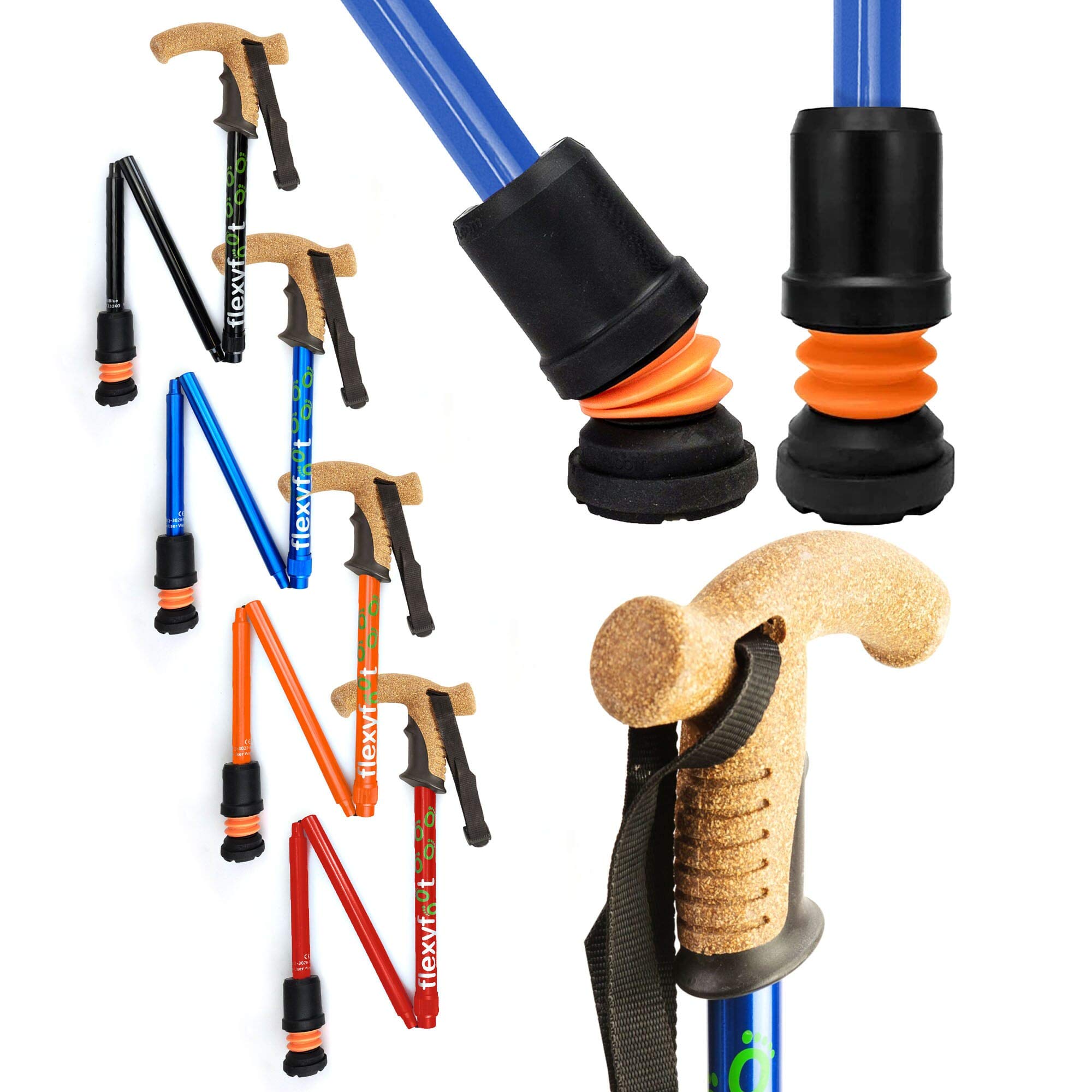 Flexyfoot Shock Absorbing Cork Handle Folding Walking Stick - Improved Comfort, Improved Grip, Improved Safety – Colour: Blue