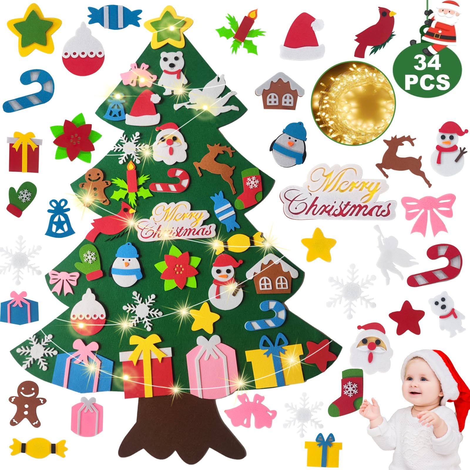 Niserelesa DIY Felt Christmas Tree Set, 3.28ft Wall Hanging Xmas Tree Kit for Kids with 33 Ornaments, Perfect for Home, Door, Window Decor, Fun and Interactive Christmas Decoration for Toddlers