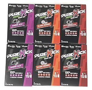 Pure Kick Energy Drink Mix Singles To Go Variety Pack of 3 Flavors (2 of each flavor, Total of 6)