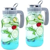 Mason Jar Pitcher 64 OZ Glass Pitcher With Pour Spout Lids (2 Pack) Airtight Leak Proof 2 Quart Wide Mouth Water Pitcher With Handle And Flip Cap For Iced Tea,Milk,Sun Tea, Lemonade,Juice,Iced Coffee