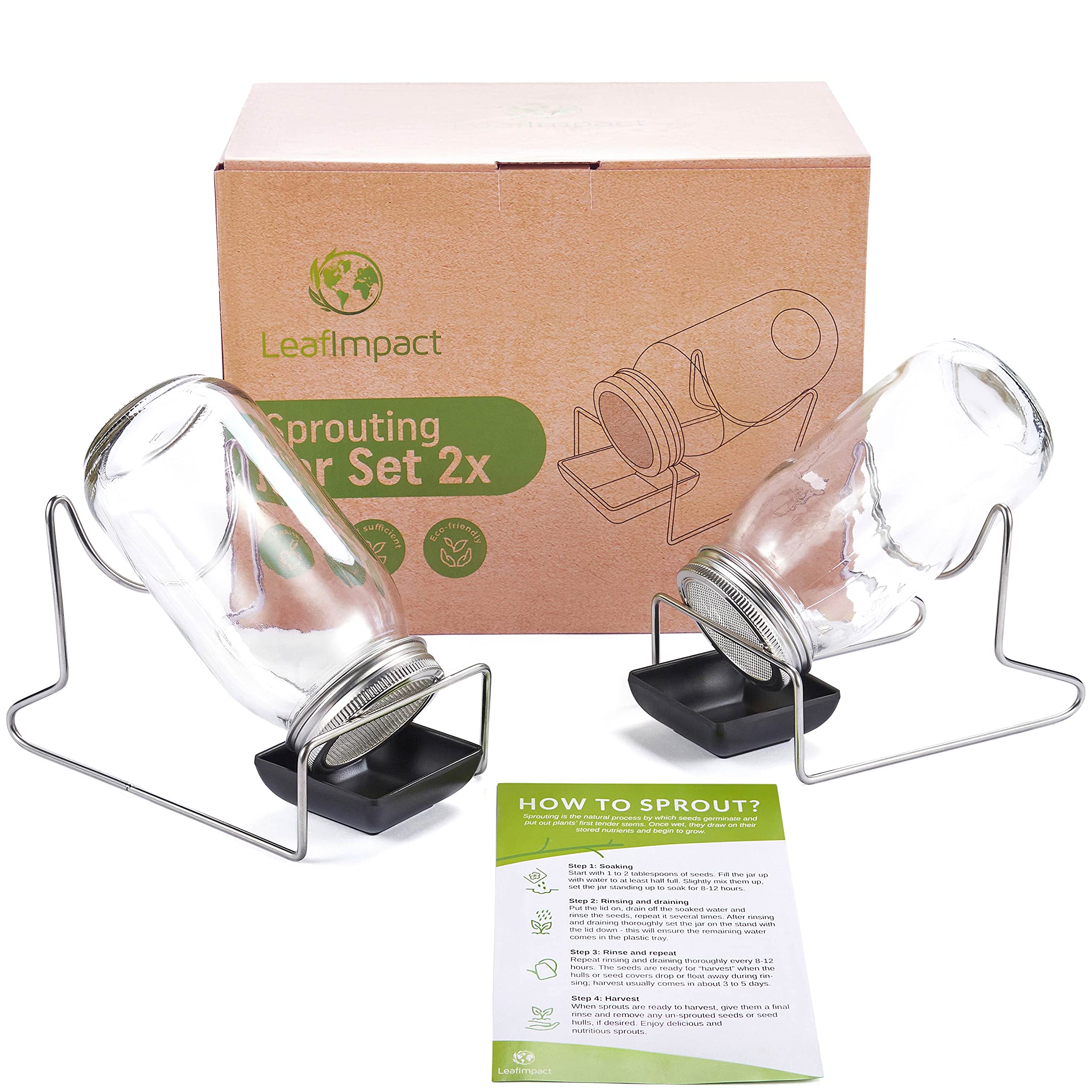 2 Pack Sprouting Jar Kit | Complete Growing Set for Making Sprouts | Easy Organic Sprouts at Home | Indoor Seed Sprouter | Sprout Starter Kit | Mason Jar for Broccoli, Alfalfa, Beans & More