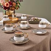KARACA Belgin Bone China Turkish Coffee &amp; Espresso Cups Set for 6 90ml | 12-piece service with six 90ml cups and six matching saucers, multicolor detailing and lightweight Bone China construction.