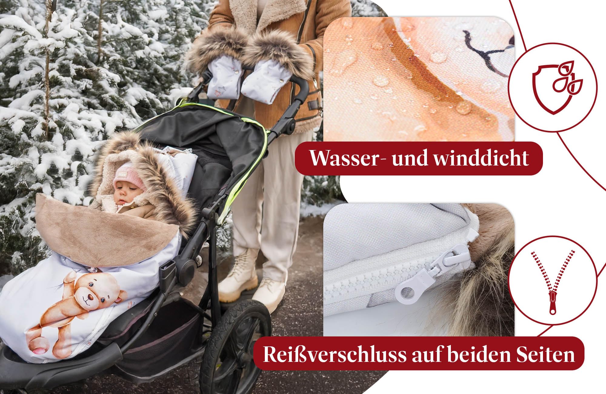Fußsack Kinderwagen und Buggy für Winter Premium Set 90x45 cm - Fusssack Winterfußsack warme Einlage Einschlagdecke Baby Zubehör mit extra Handschuhen Teddybären 4
