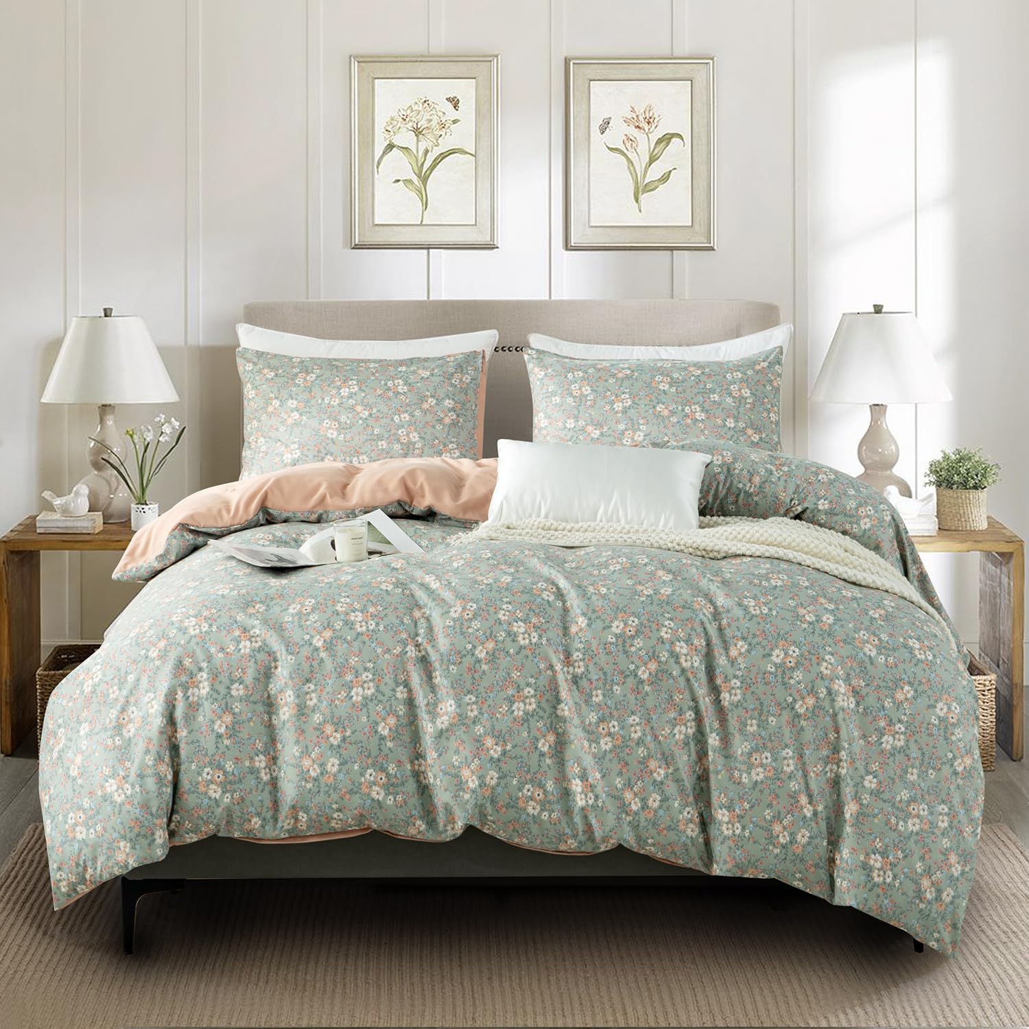 Photo 1 of ERZRGA Floral Queen Duvet Cover,100% Soft Cotton Chic Floral Bedding Set 3 Pieces Garden Vintage Style Duvet Cover Queen 1 Duvet Cover and 2 Pillowcases with Zipper Closure &Corner Ties