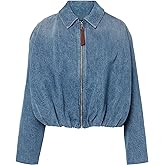 HUEOBIR Women's Denim Bomber Jacket Zip Up Draped Loose Fit Collared Casual Lightweight Trendy Jean Jackets