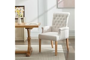 WUTUTUEE Fabric Dining Chair with Arms, Upholstered Tufted High Back Dining Room Chairs, Accent Armchair with Solid Wood Leg and Nailhead Trim, Kitchen Dining Living Room, Beige