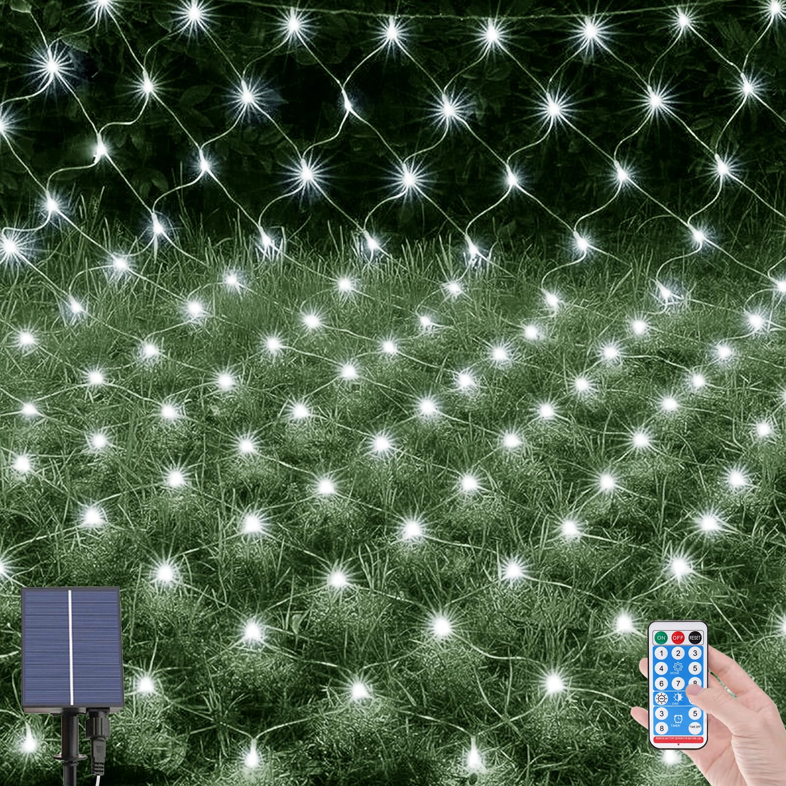 OPAHUTER 198LEDs Solar Net Lights Outdoor, 6.6 x 9.8 Ft Waterproof Mesh Fairy Lights with 8 Modes, Remote Control, Copper Wire Net Lights for Christmas Tree Lawn Fence Bushes Wall