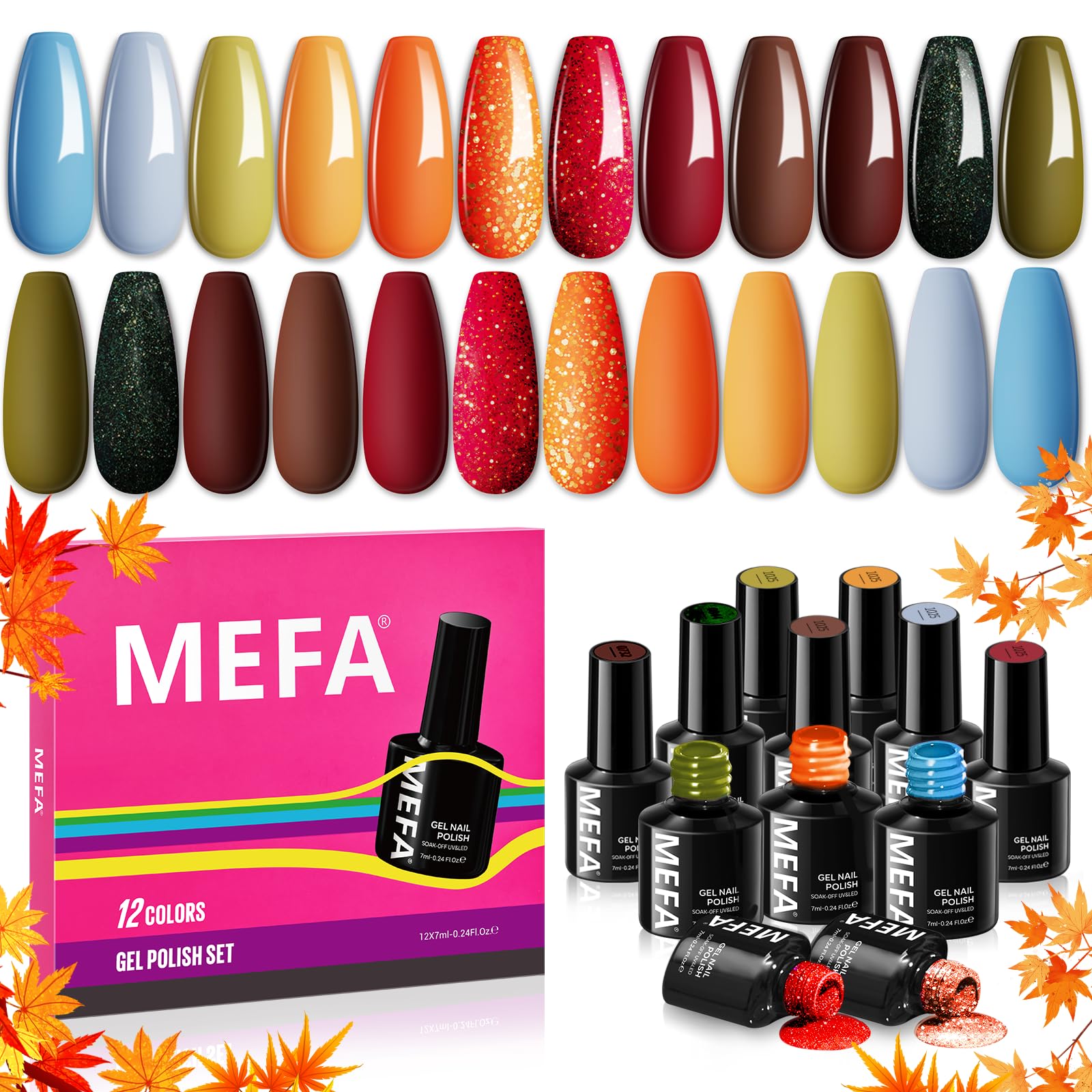 Photo 1 of MEFA Fall Gel Nail Polish Set, 12 Colors Orange Burgundy Red Gel Polish Set Flash Dark Red Glitter Nail Polish Shimmer Nude Brown Blue Yellow Nail Gifts for Women Girl DIY Salon Home Spring Summer