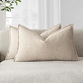 Foindtower Pack of 2, Decorative Linen Soild Throw Pillow Covers Soft Accent Lumbar Cushion Case Boho Farmhouse Neutral Pillowcase for Couch Sofa Bed Living Room Home Decor 12 x 20 Inch Natural Beige