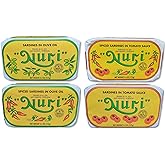 NURI Portuguese Sardines Variety Pack | 4 Pack Bundle | One of Each | Pure Olive Oil, Spiced Pure Olive Oil, Tomato and Olive Oil AND Spiced Tomato and Olive Oil