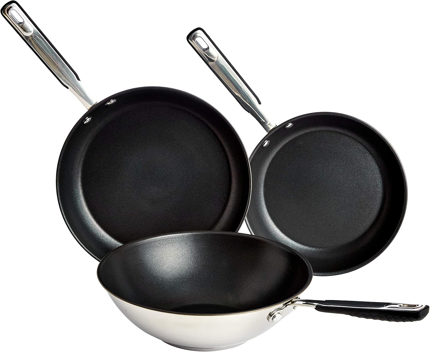 AmazonBasics 3 Piece Stainless Steel Induction Frying Wok Pan Set, 24cm