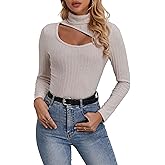 Redomo2025,Women's Turtleneck Ribbed Sweater with Cutout Detail, Beige, Long Sleeve, Slim Fit, Casual Style,REW2408004