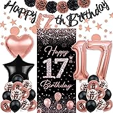 TSVATE Rose Gold 17th Birthday Decorations - Happy Birthday Banner, Backdrop, Balloons, Pompoms & Star Streamers
