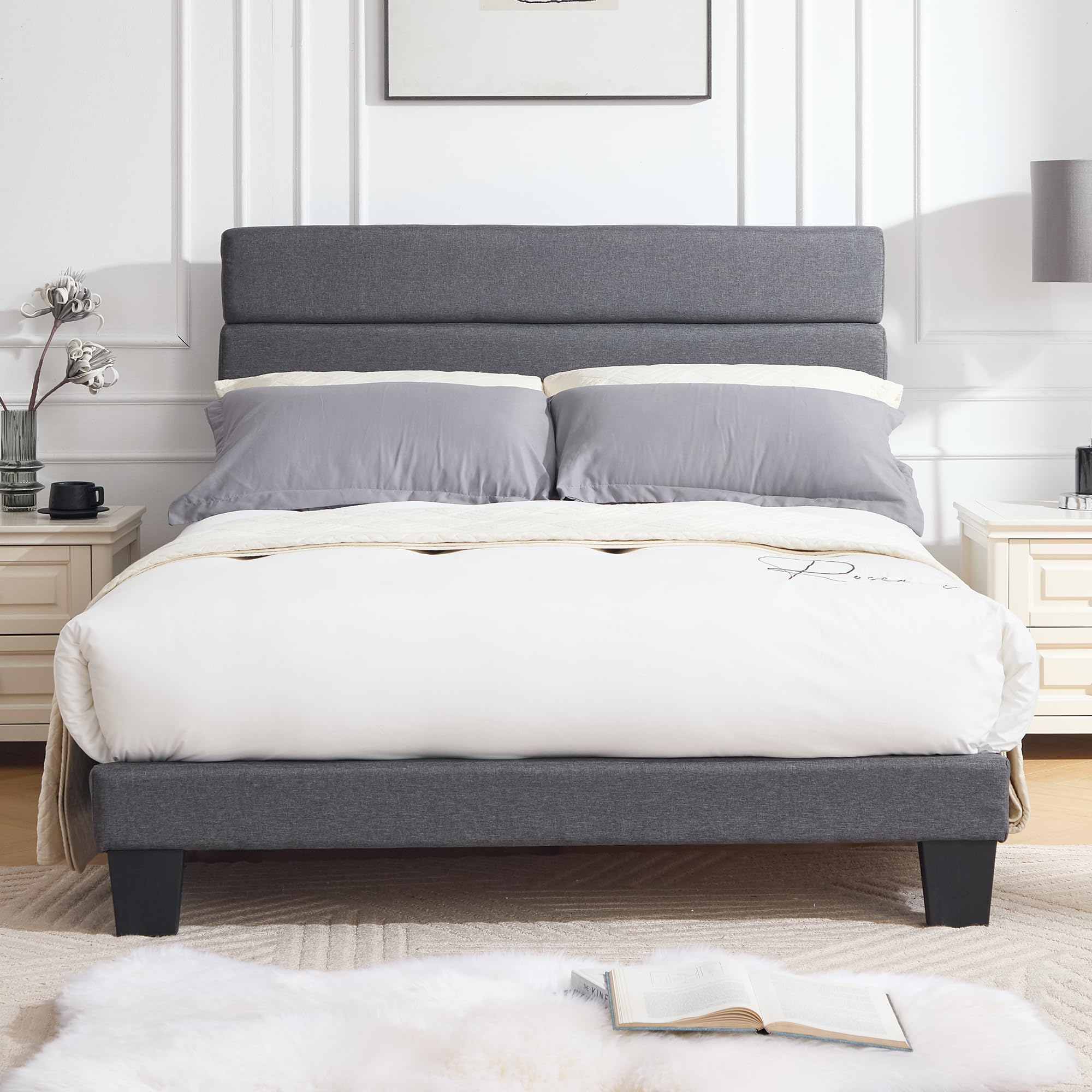 Photo 1 of *** PARTIAL SET ONLY BOX 2 OF 2 **** ***** MISSING BOX #1 ***** Queen Size Platform Bed Frame, Soft Fabric Headboard Bed Frame with Sturdy Wooden Slats – Modern & Noise Free, Fully Upholstered Mattress Foundation/Easy Assembly (Gray, Queen (U.S. Standard)