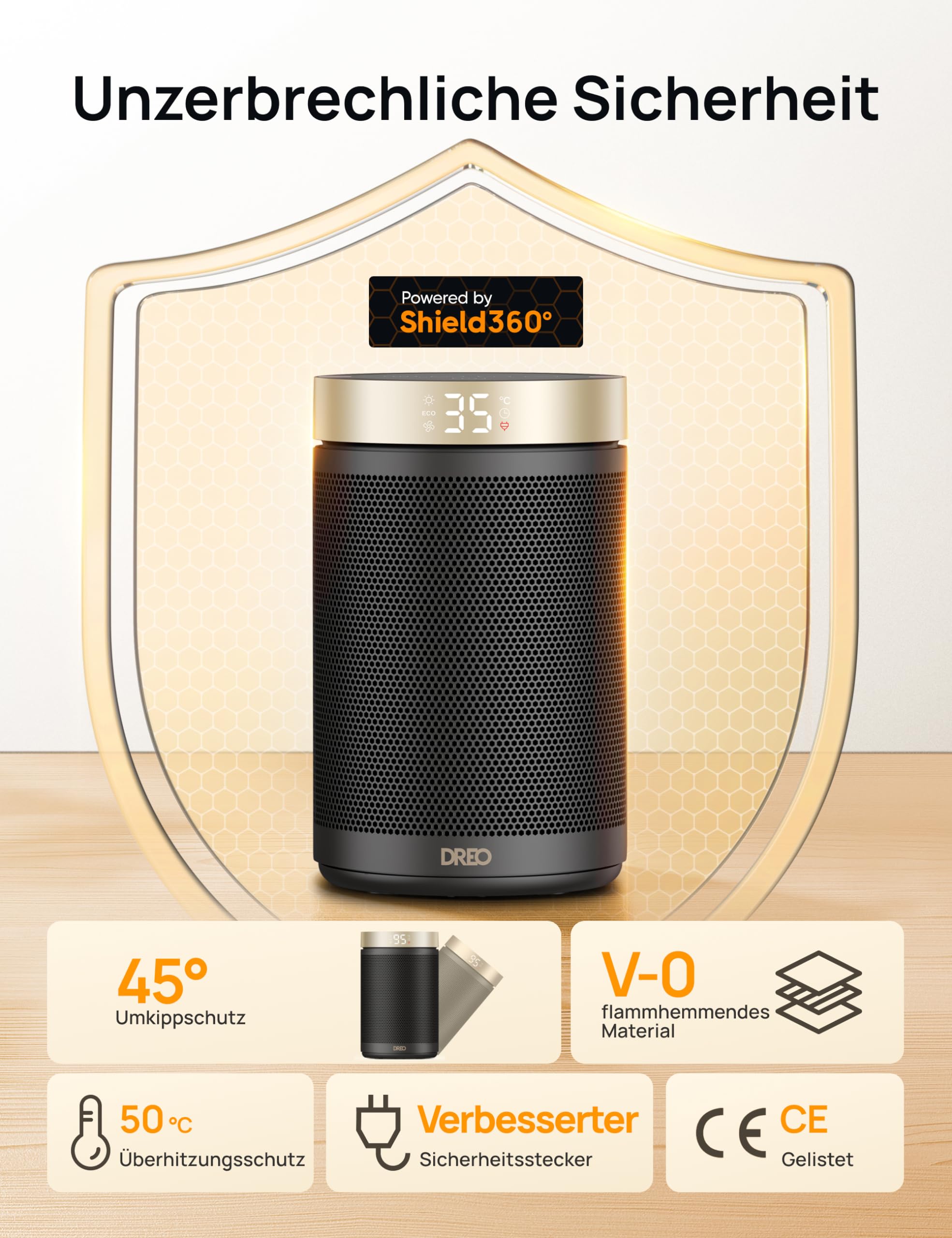 Dreo Energiesparender Heizlüfter, 34 dB Leiser 1500W Elektrischer PTC Keramik, Thermostat, Überhitzungs- & Kippschutz, 12 Std. Timer, Elektroheizung für Räume Schlafzimmer, Heater 316, Gold 6