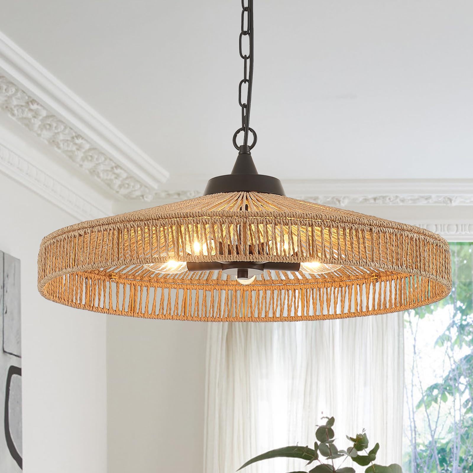 Photo 1 of ***MISSING PARTS*** ELYCCUPA 24” Boho Hand Woven Rattan Cage Pendant Light Large Matte Black Adjustalble Farmhouse Chandelier for Dining Room Living Room Kitchen Hallway, UL Listed