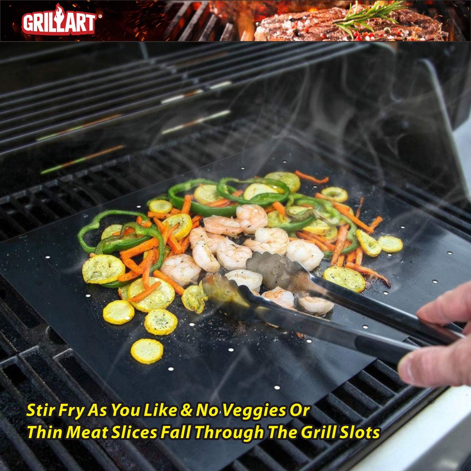GRILLART BBQ Grill Mat, Non Stick BBQ Mat with Holes Heavy Duty 500 Degree Grill & Baking Mats (Set of 4), Easy Clean & Use BBQ Accessories, Reusable on Gas Charcoal Electric Grills: Garden & Outdoor
