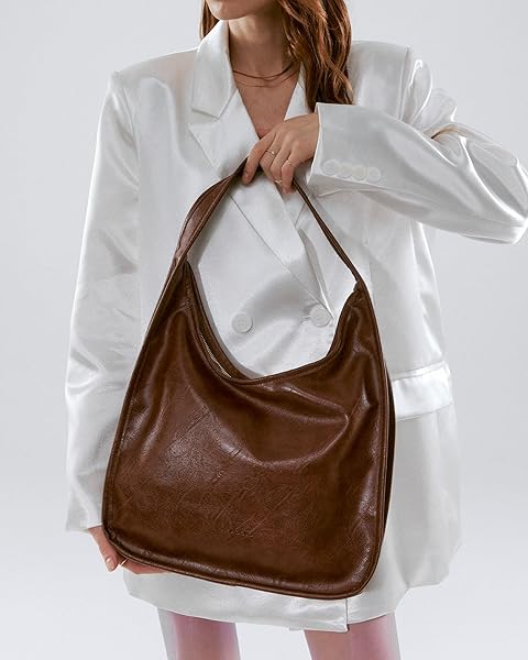 NEWBELLA HOBO PURSE, PU LEATHER SHOULDER BAG, TOTE HANDBAG FOR WORK AND TRAVEL (BROWN-LARGE SIZE)