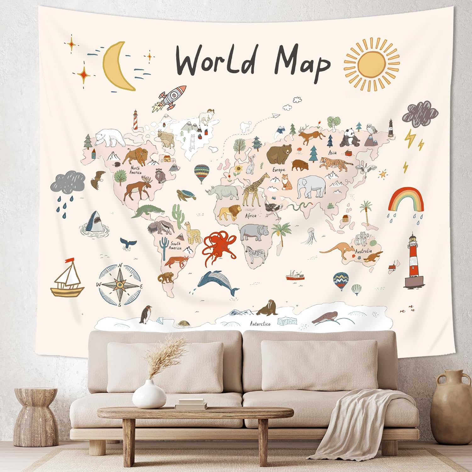 Tapestries - Imirell World Map Kids Tapestry 59Wx51H Inches Cute Cartoon Animal Educational Learning Tool Adventure Sun Moon Rainbow Plant Wild Art Hanging Bedroom Living Room Dorm Wall Blankets Home Decor Fabric
