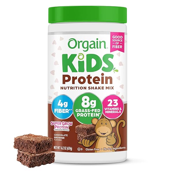 ORGAIN KIDS PROTEIN POWDER SHAKE MIX, CHOCOLATE BROWNIE – 8G GRASS-FED DAIRY PROTEIN, 4G FIBER, 23 VITAMINS & MINERALS, GLUTEN FREE, NO SOY INGREDIENTS, ADDS HEALTHY NUTRIENTS TO KIDS SNACKS, 1LB