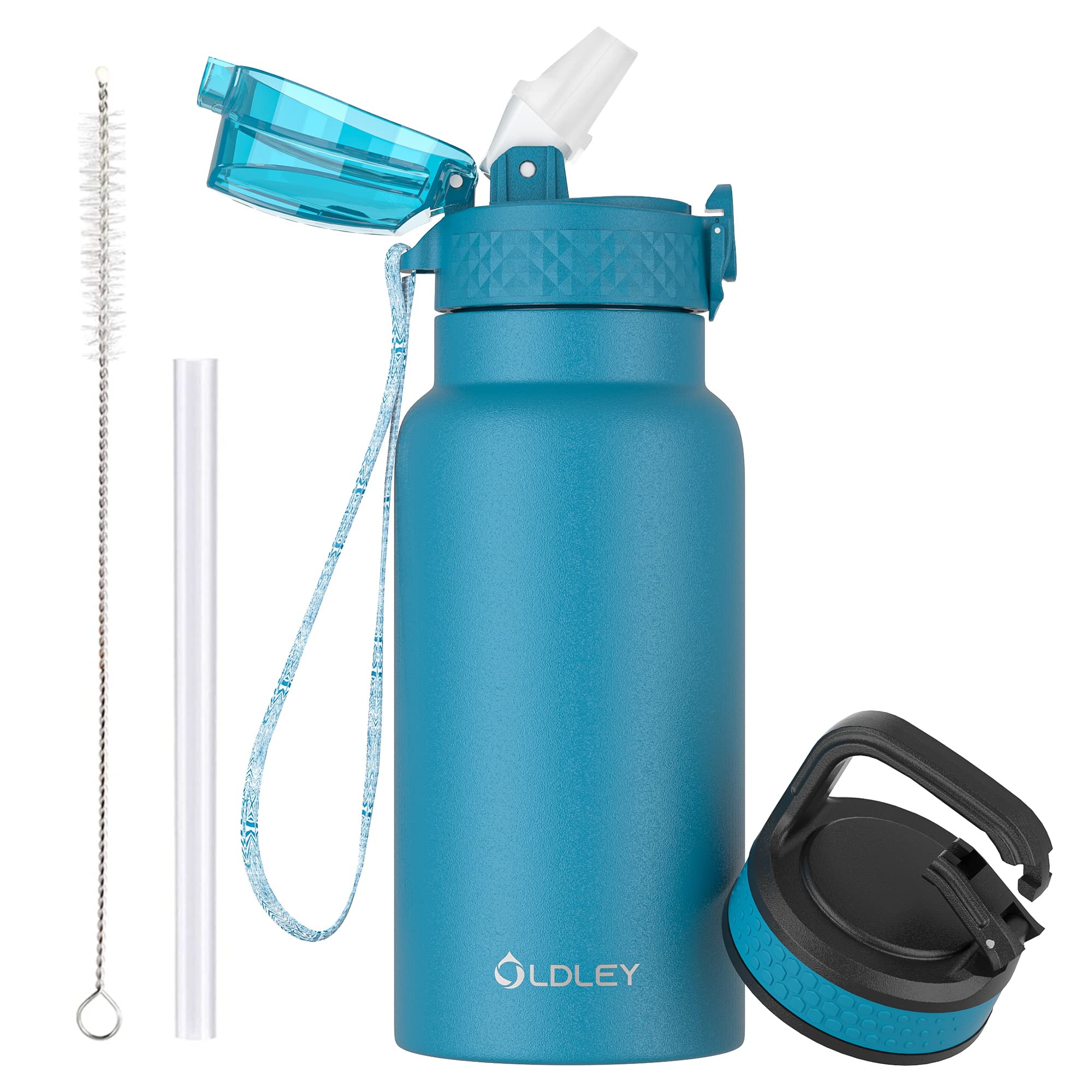 OLDLEY 500ml/17oz Kids Stainless Steel Insulated Water Bottle with Straw Double Wall Metal Vacuum Leakproof Reusable Small Flask with 2 Different Lids Hot Cold Drinks for Boys Girls Toddler Children