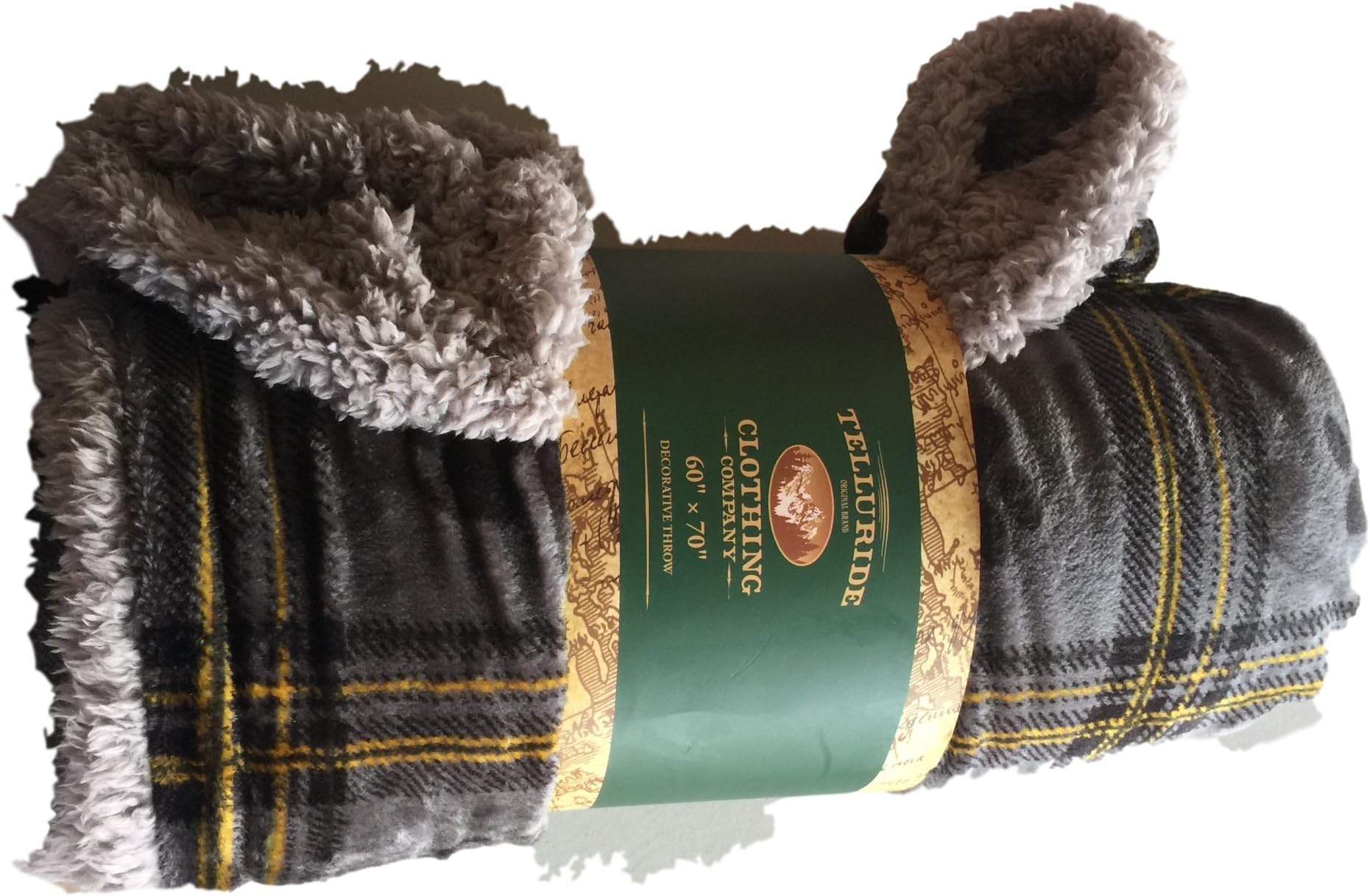 Telluride Clothing Co Gray Navy and Yellow Plaid Plush Rolled Throw with Paw Prints Sherpa Back