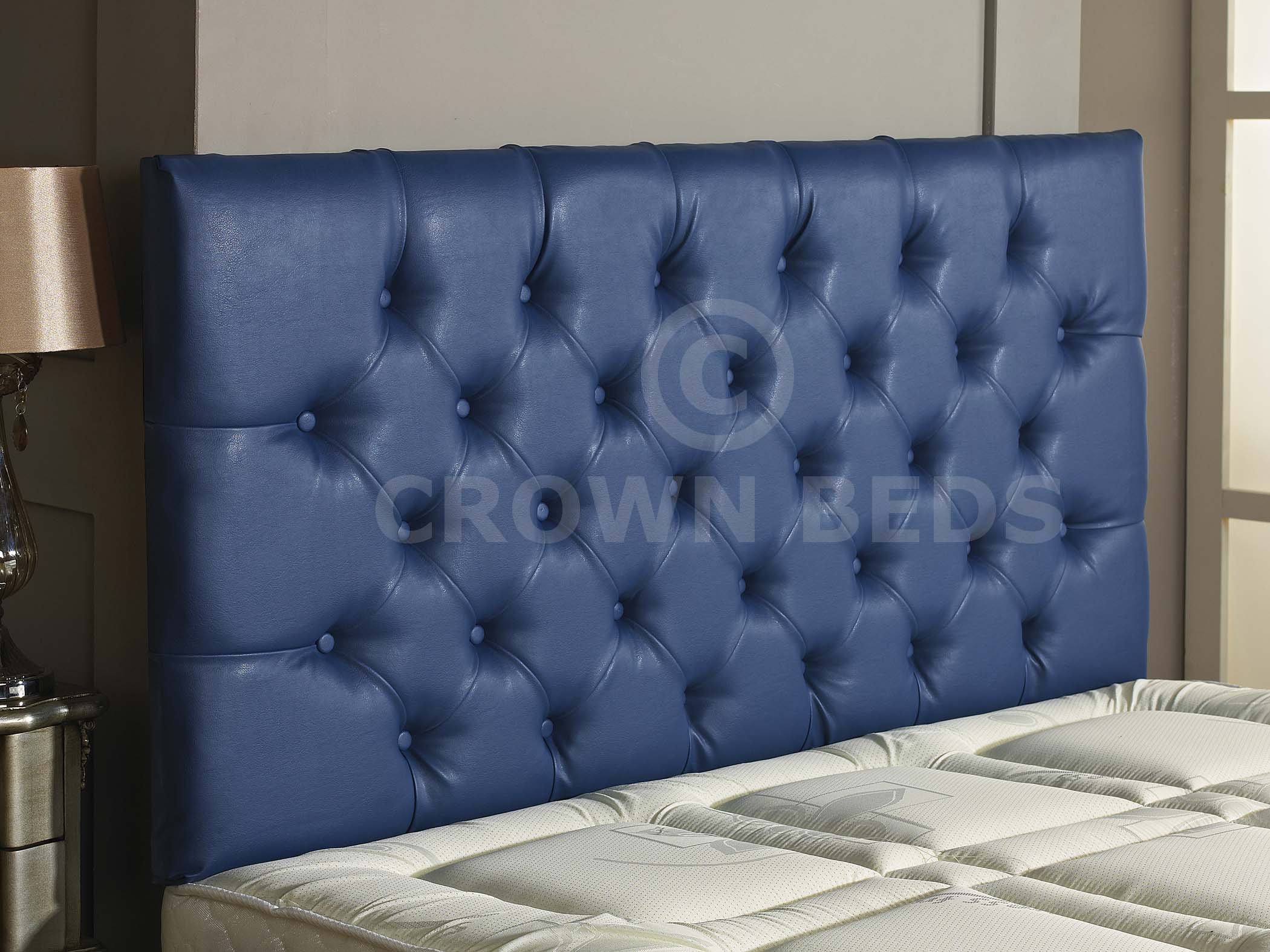 CROWNBEDSUK QUALITY FAUX LEATHER HEADBOARD MATCHING BUTTONS (BLUE, 4FT6)